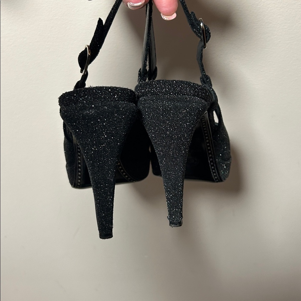 Chanel Black/Gray suede leather Glitter Cap Toe Slingback Platform Pumps Size 40 - Picture 11 of 12